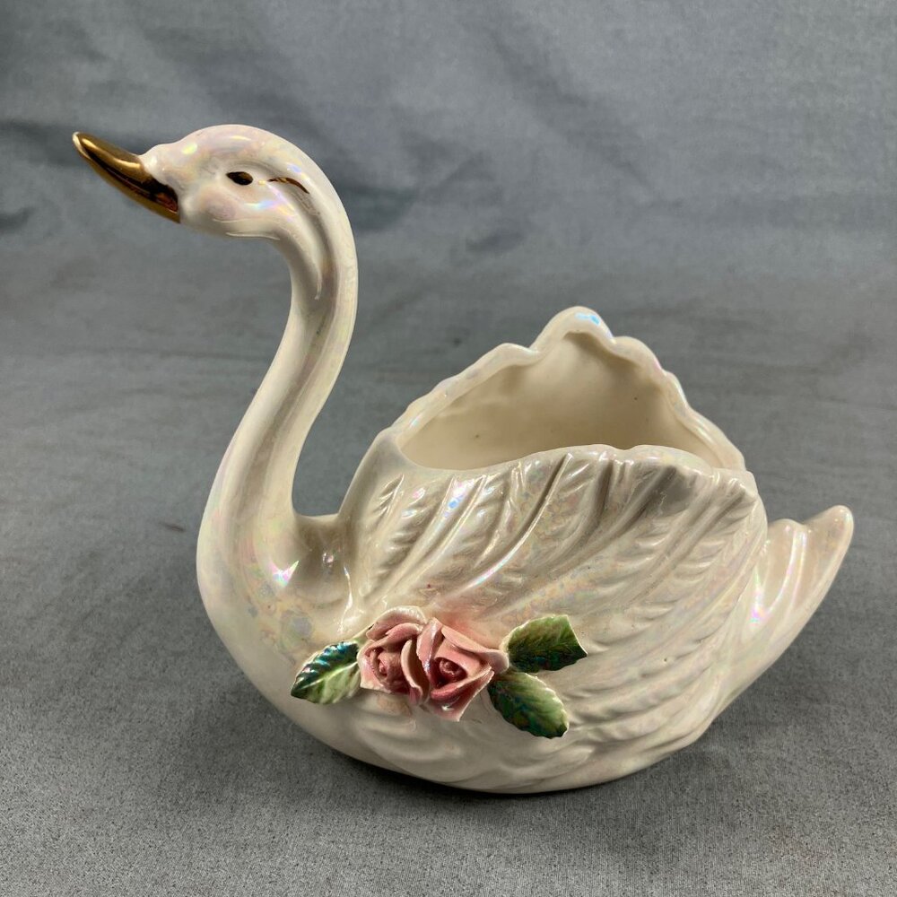 Antique 5" Swan Ceramic Lustreware Japan White with Pink Roses